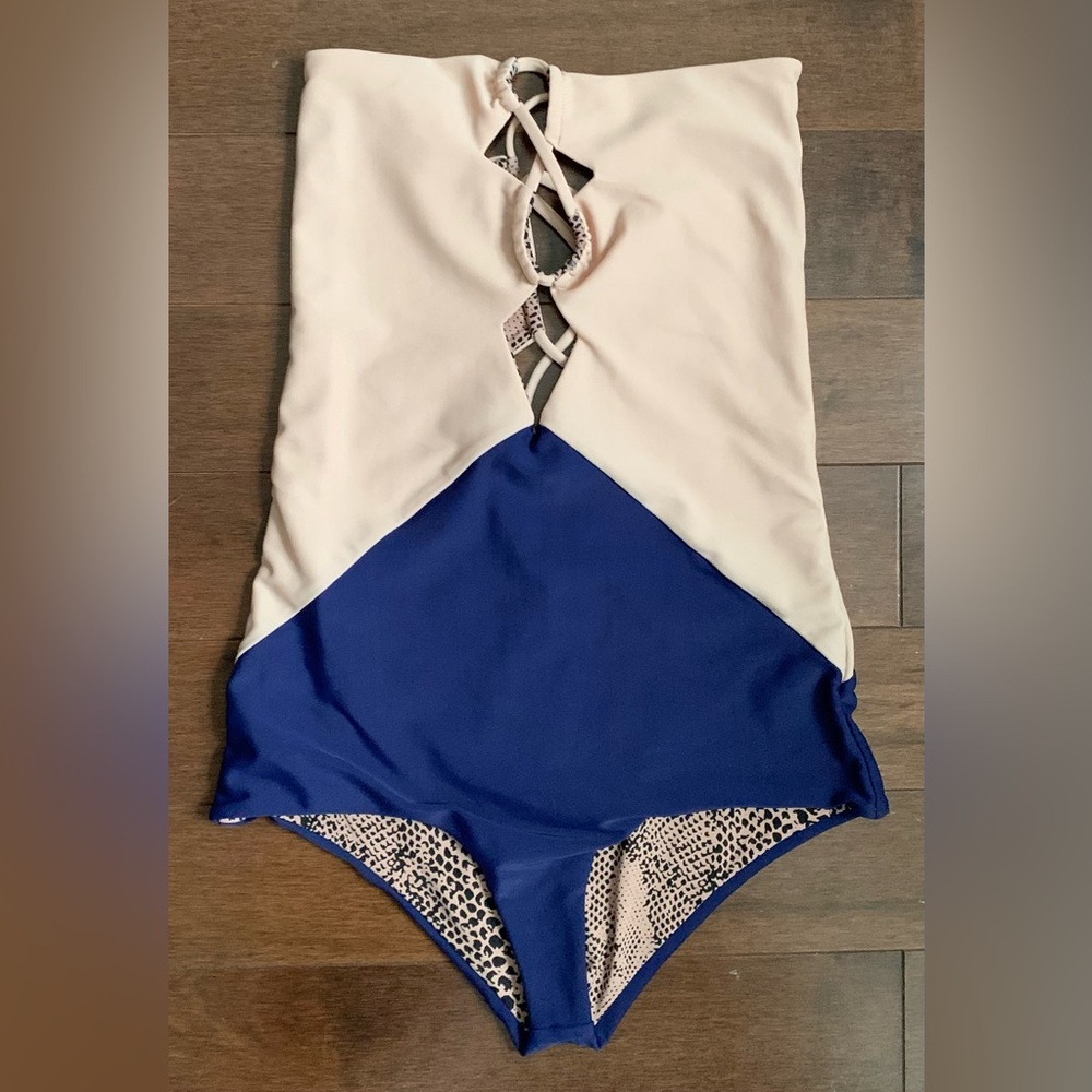 Acacia Swimwear Cream and Navy Strapless One-Piece Swimsuit